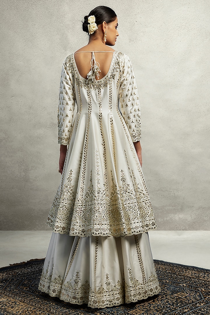 White Slub Silk Mirror Embroidered Wedding Anarkali Set by Suhino at Pernia's Pop Up Shop