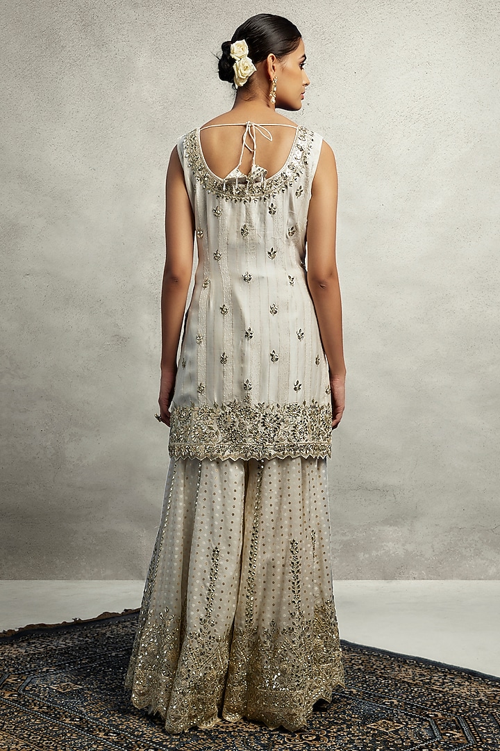 White Chanderi Silk Mirror Embroidered Wedding Sharara Set by Suhino at Pernia's Pop Up Shop