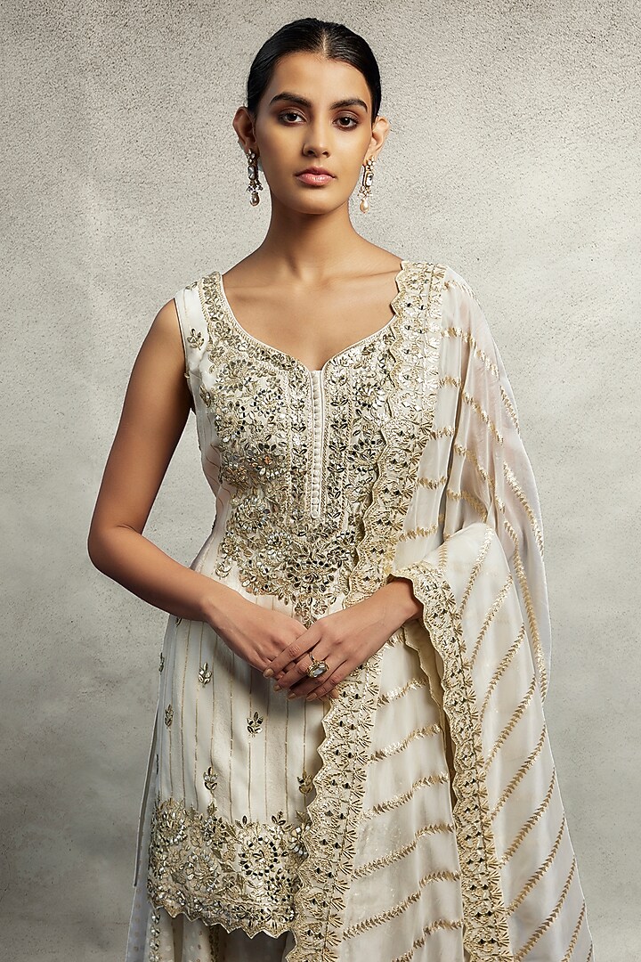 White Chanderi Silk Mirror Embroidered Wedding Sharara Set by Suhino at Pernia's Pop Up Shop