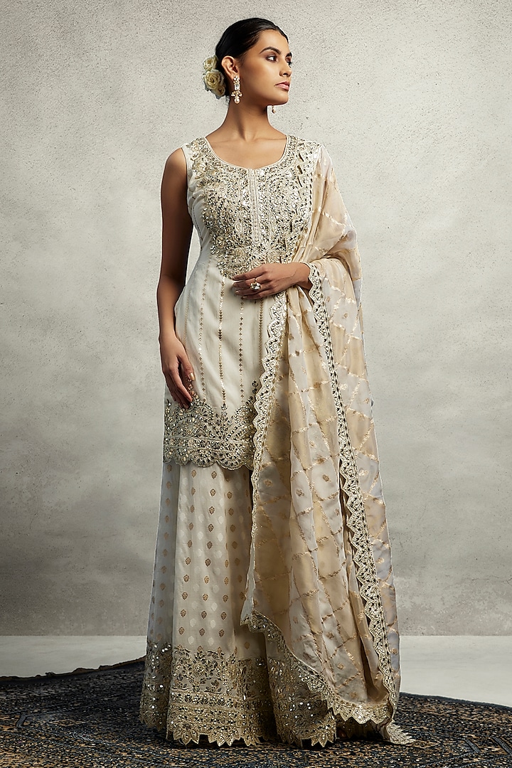 White Chanderi Silk Zari Embroidered Sharara Set by Suhino at Pernia's Pop Up Shop