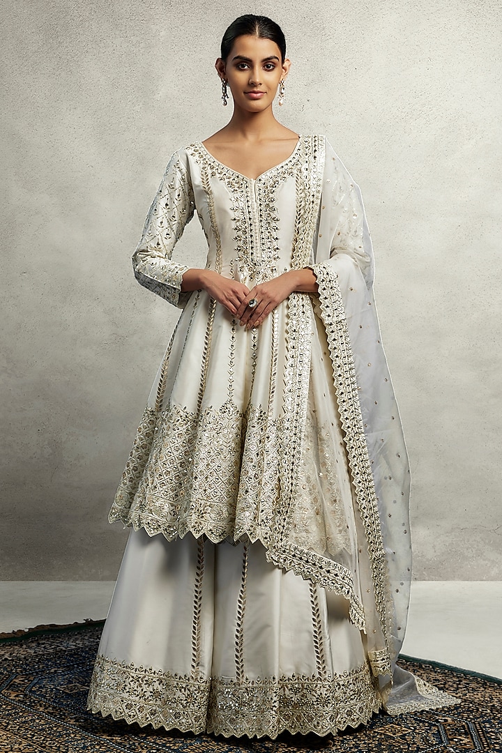 White Slub Silk Zari Embroidered Anarkali Set by Suhino at Pernia's Pop Up Shop