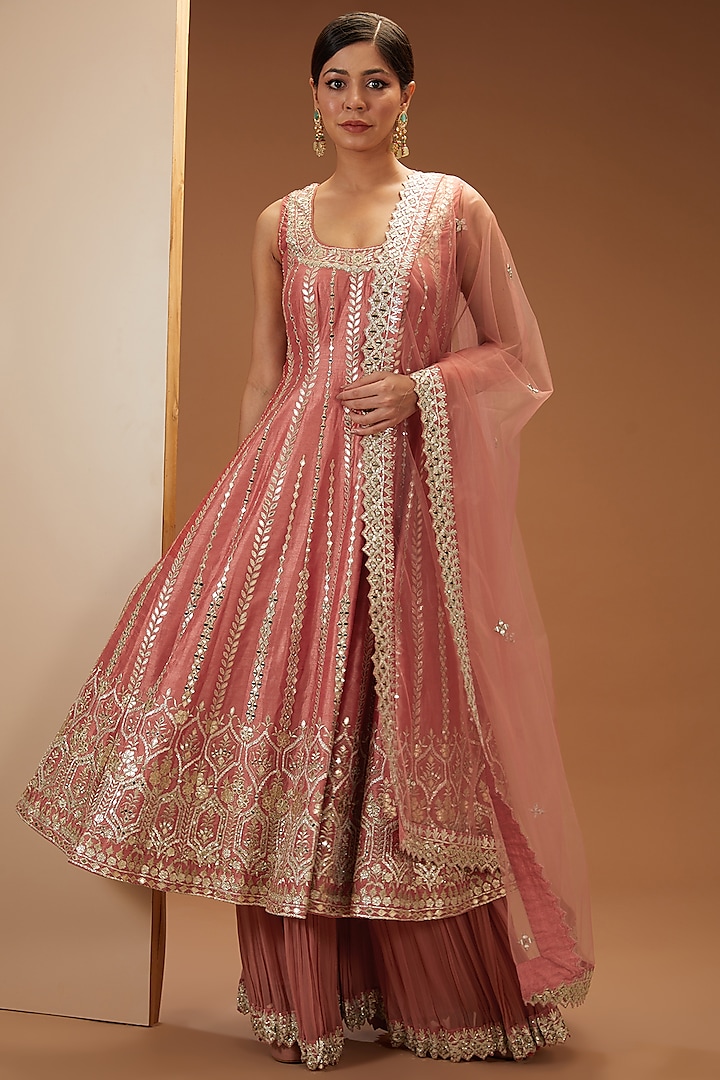 Rust Slub Silk Embroidered Anarkali Set by Suhino at Pernia's Pop Up Shop