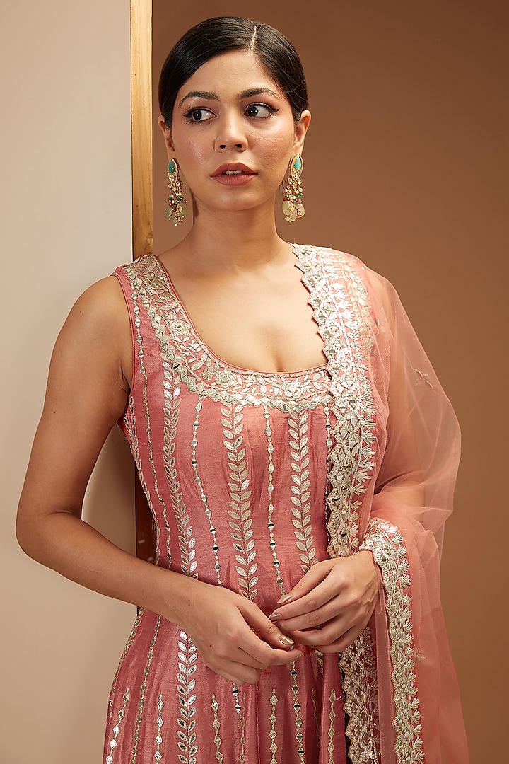 Rust Slub Silk Embroidered Wedding Anarkali Set by Suhino at Pernia's Pop Up Shop