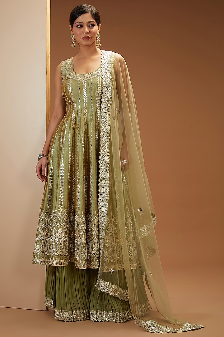 Green Slub Silk Embroidered Anarkali Set by Suhino at Pernia's Pop Up Shop