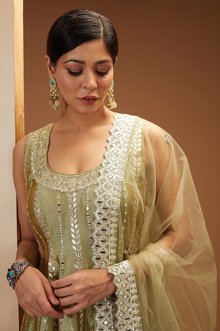 Green Slub Silk Embroidered Wedding Anarkali Set by Suhino at Pernia's Pop Up Shop
