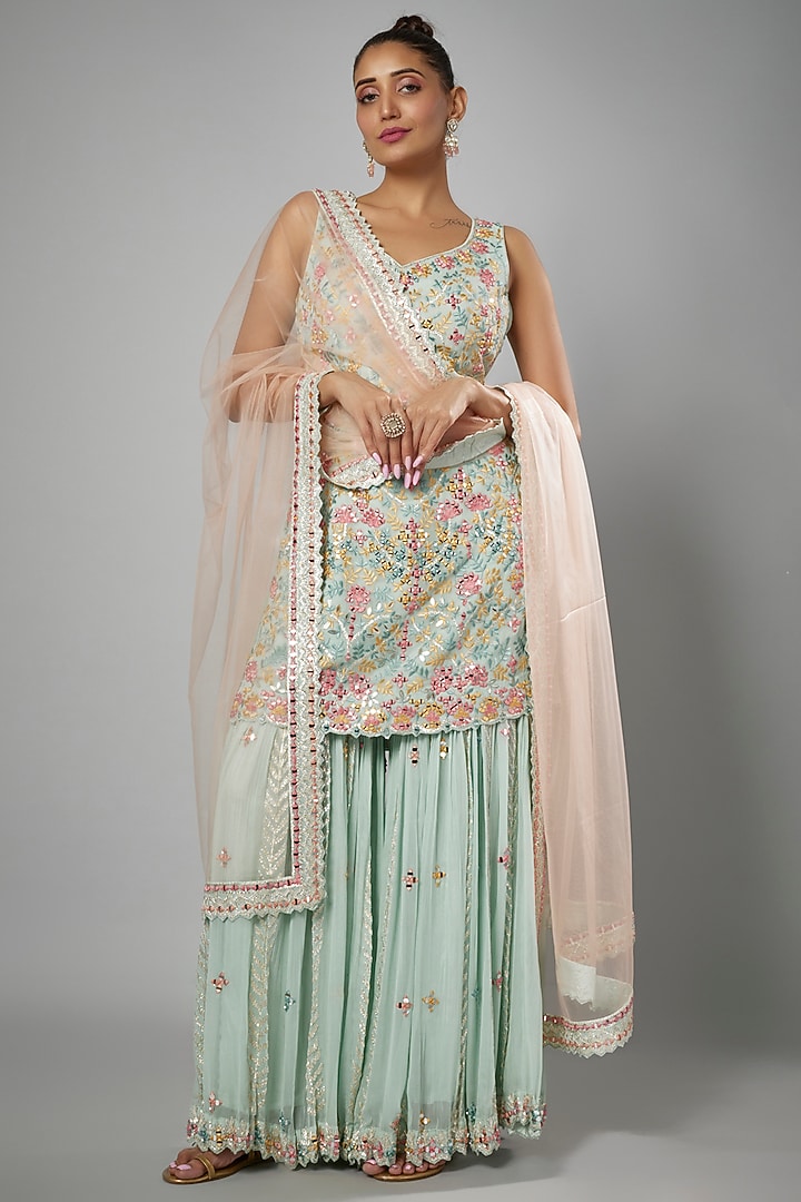 Aqua Blue Georgette Embroidered Kurta Set by Suhino at Pernia's Pop Up Shop
