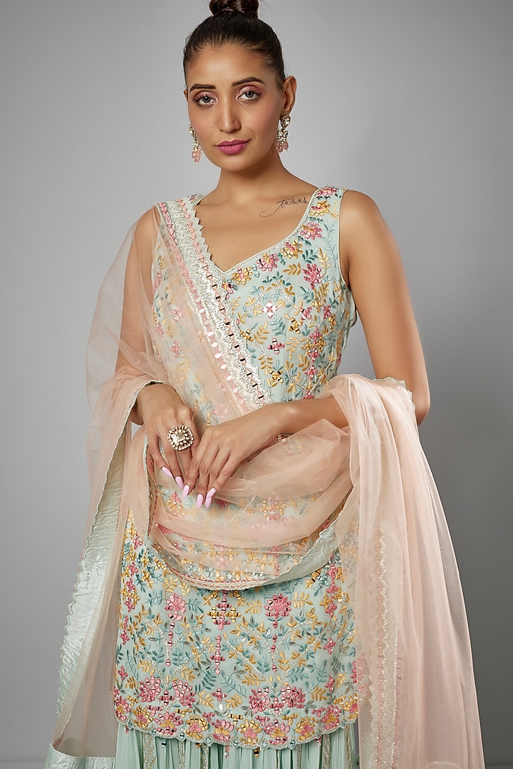 Aqua Blue Georgette Embroidered Kurta Set by Suhino at Pernia's Pop Up Shop