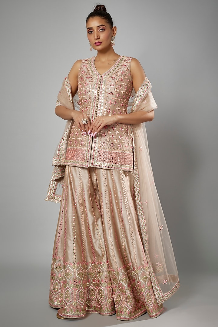 Champagne Slub Silk Embroidered Wedding Sharara Set by Suhino at Pernia's Pop Up Shop