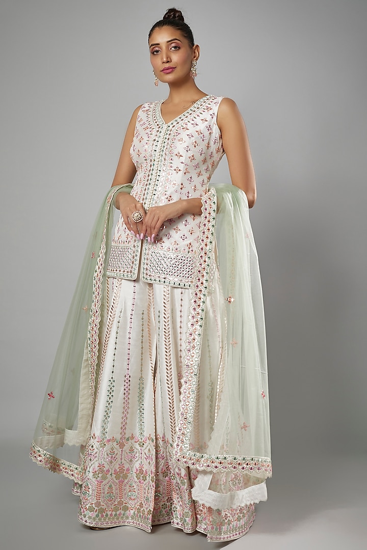 White Slub Silk Embroidered Sharara Set by Suhino at Pernia's Pop Up Shop