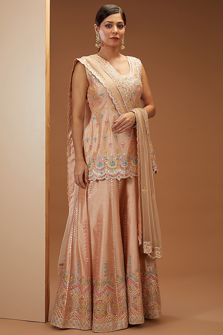 Peach Slub Silk Embroidered Sharara Set by Suhino at Pernia's Pop Up Shop