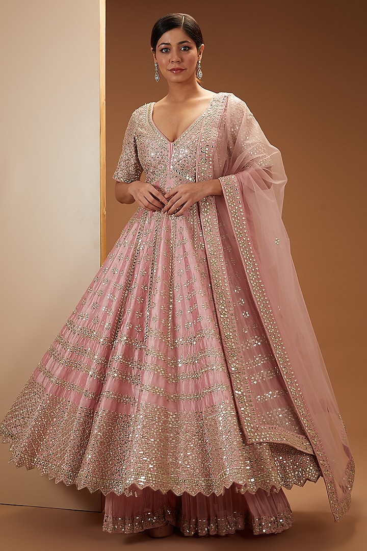 Pink Slub Silk Embroidered Anarkali Set by Suhino at Pernia's Pop Up Shop