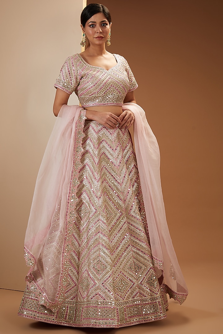 Pink Slub Silk Embroidered Wedding Lehenga Set by Suhino at Pernia's Pop Up Shop