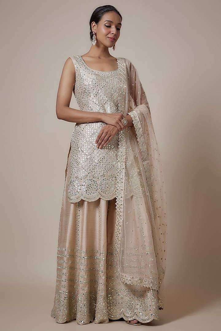 Ivory Slub Silk Mirror & Zari Embroidered Sharara Set by Suhino at Pernia's Pop Up Shop