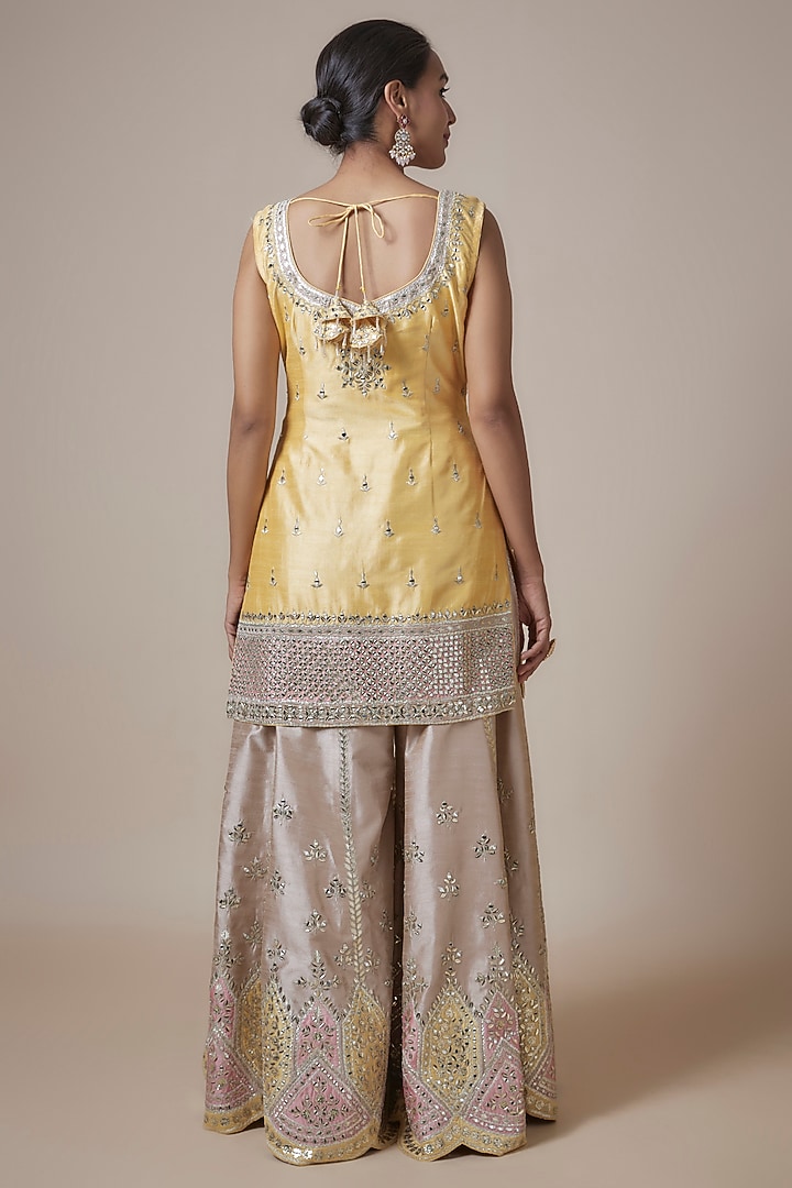 Yellow & Champagne Gold Slub Silk Mirror Embroidered Wedding Sharara Set by Suhino at Pernia's Pop Up Shop