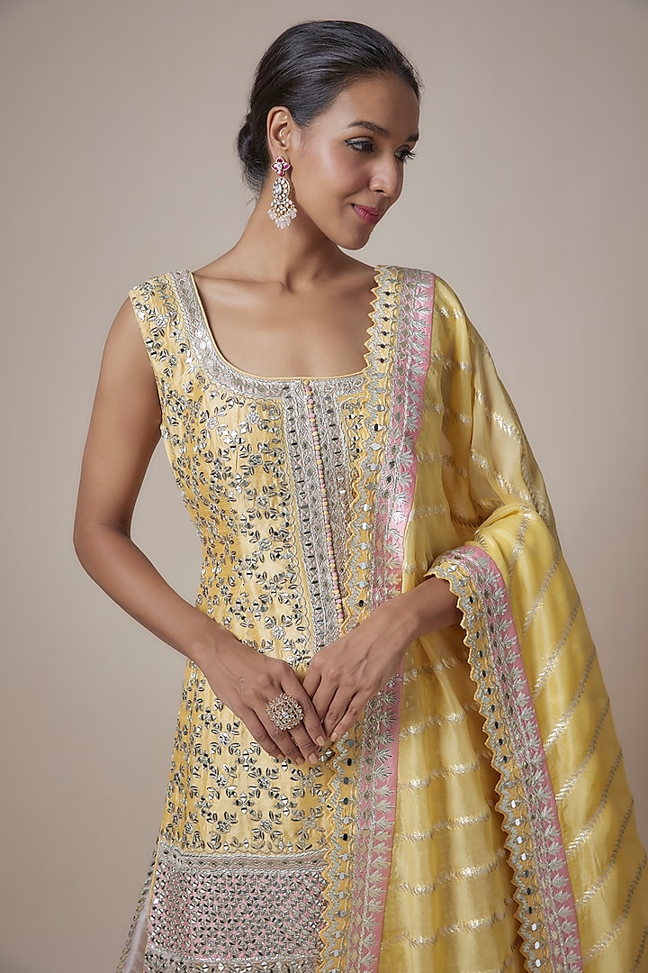 Yellow & Champagne Gold Slub Silk Mirror Embroidered Wedding Sharara Set by Suhino at Pernia's Pop Up Shop