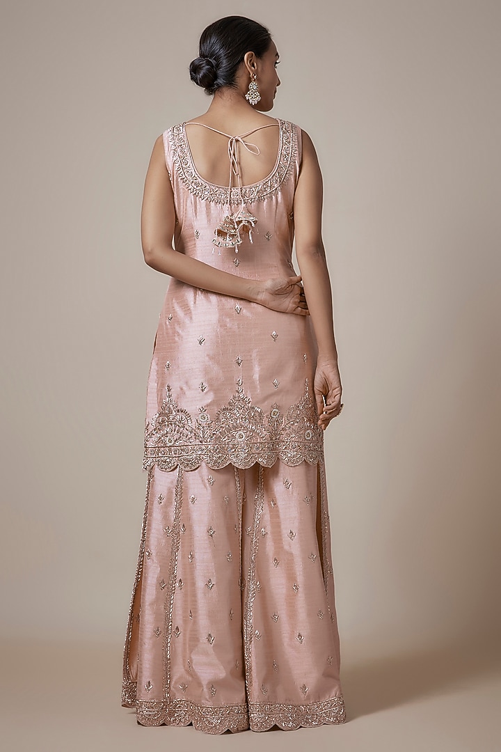 Peach Slub Silk Pearl & Zardosi Embroidered Wedding Sharara Set by Suhino at Pernia's Pop Up Shop