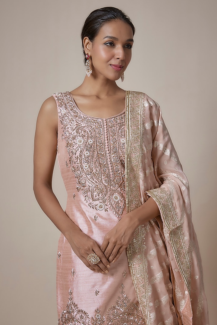 Peach Slub Silk Pearl & Zardosi Embroidered Wedding Sharara Set by Suhino at Pernia's Pop Up Shop