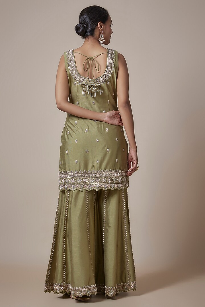 Olive Green Slub Silk Pearl & Zardosi Embroidered Wedding Sharara Set by Suhino at Pernia's Pop Up Shop
