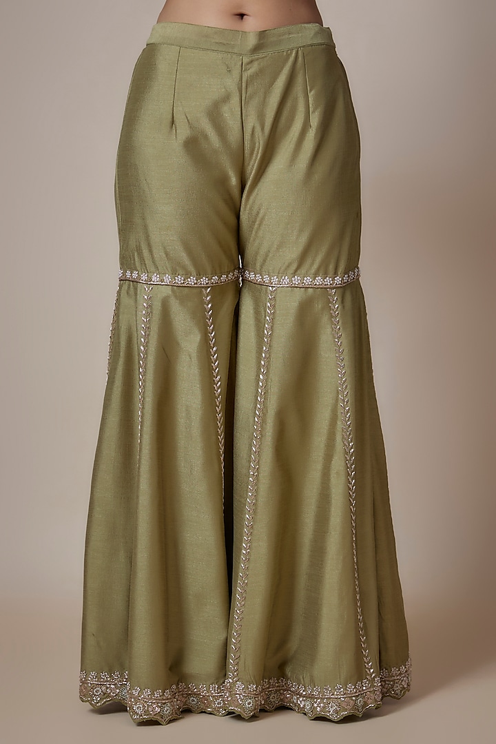 Olive Green Slub Silk Pearl & Zardosi Embroidered Wedding Sharara Set by Suhino at Pernia's Pop Up Shop