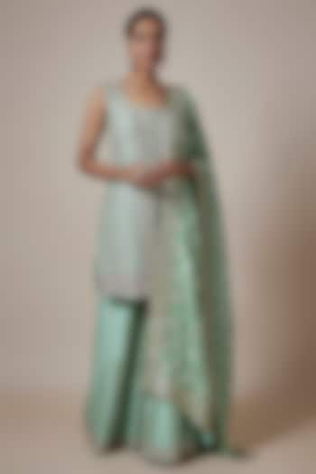 Aqua Slub Silk Pearl & Zardosi Embroidered Sharara Set by Suhino at Pernia's Pop Up Shop