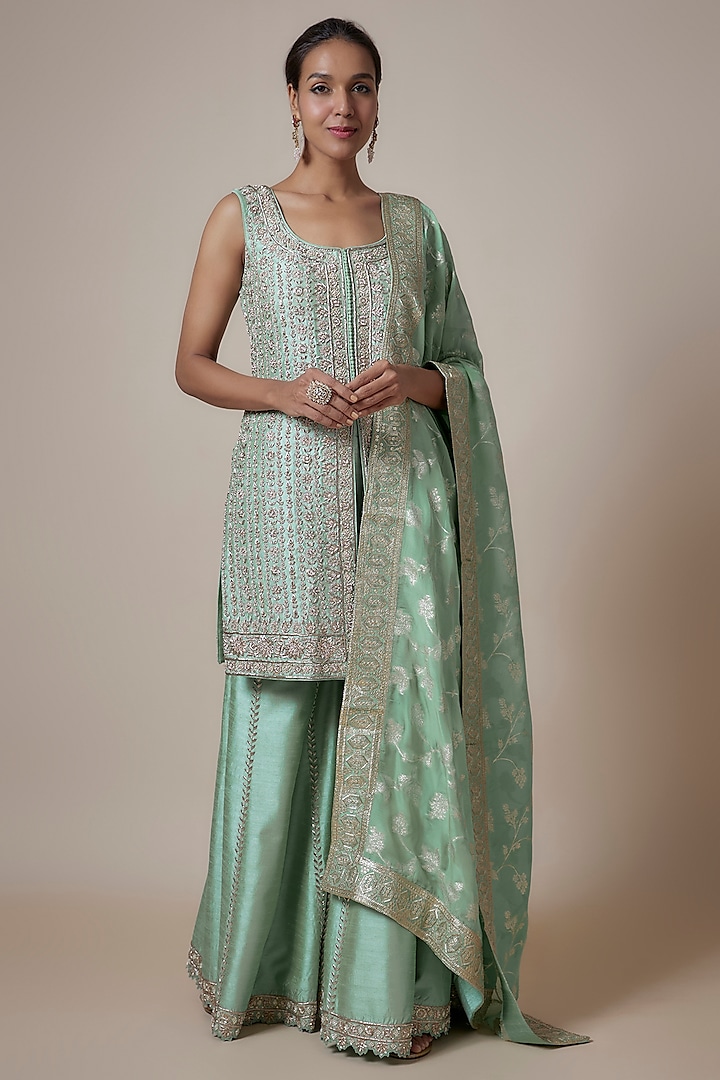 Aqua Slub Silk Pearl & Zardosi Embroidered Sharara Set by Suhino at Pernia's Pop Up Shop