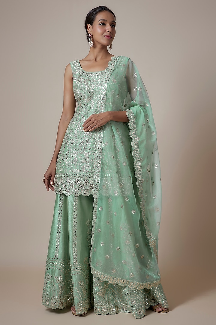 Aqua Slub Silk Mirror & Zari Embroidered Sharara Set by Suhino at Pernia's Pop Up Shop