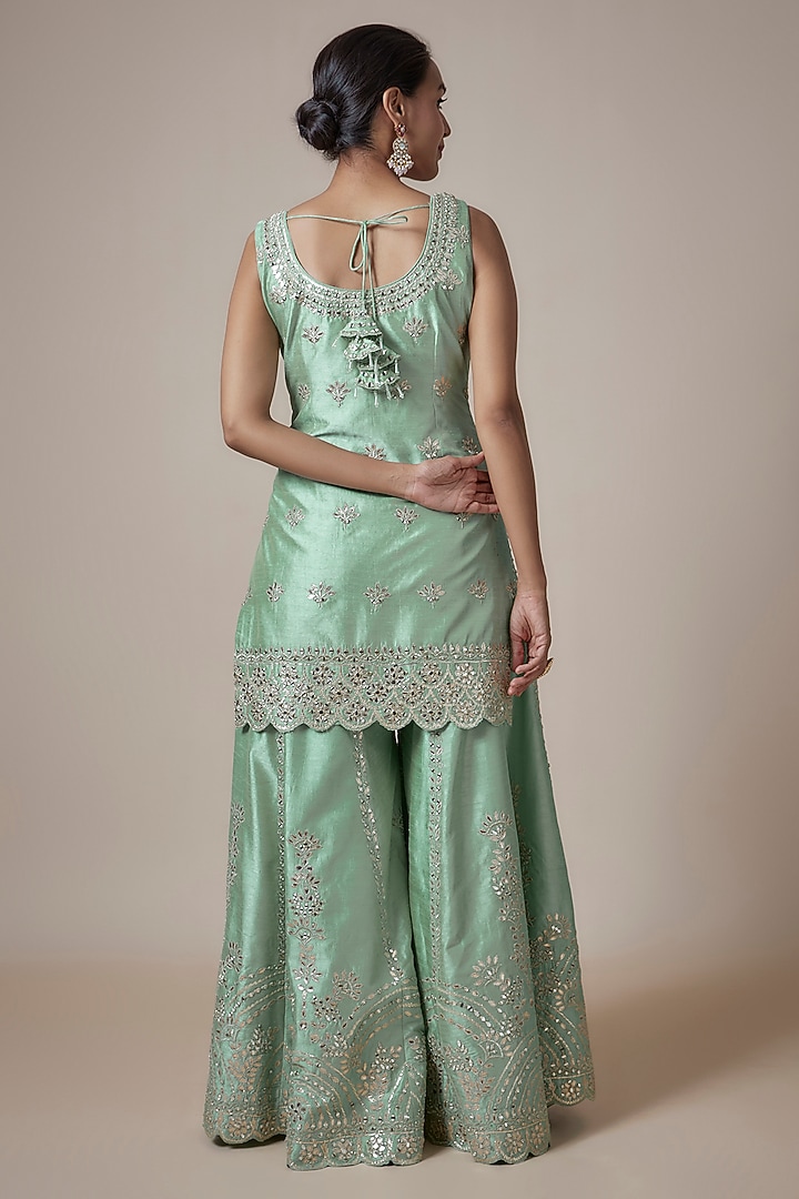 Aqua Slub Silk Mirror & Zari Embroidered Wedding Sharara Set by Suhino at Pernia's Pop Up Shop