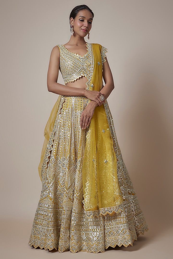 Yellow Organza Zari & Mirror Embroidered Wedding Lehenga Set by Suhino at Pernia's Pop Up Shop