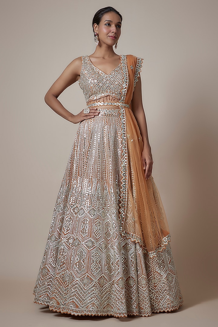 Rust Organza Zari & Mirror Embroidered Wedding Lehenga Set by Suhino at Pernia's Pop Up Shop