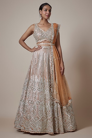 Rust Organza Zari & Mirror Embroidered Lehenga Set by Suhino