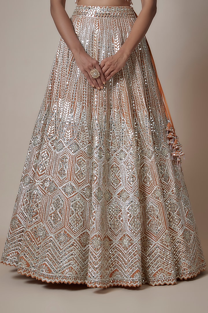Rust Organza Zari & Mirror Embroidered Wedding Lehenga Set by Suhino at Pernia's Pop Up Shop