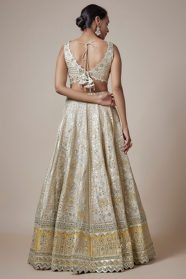 Light Yellow Slub Silk Zari & Mirror Embroidered Wedding Lehenga Set by Suhino at Pernia's Pop Up Shop