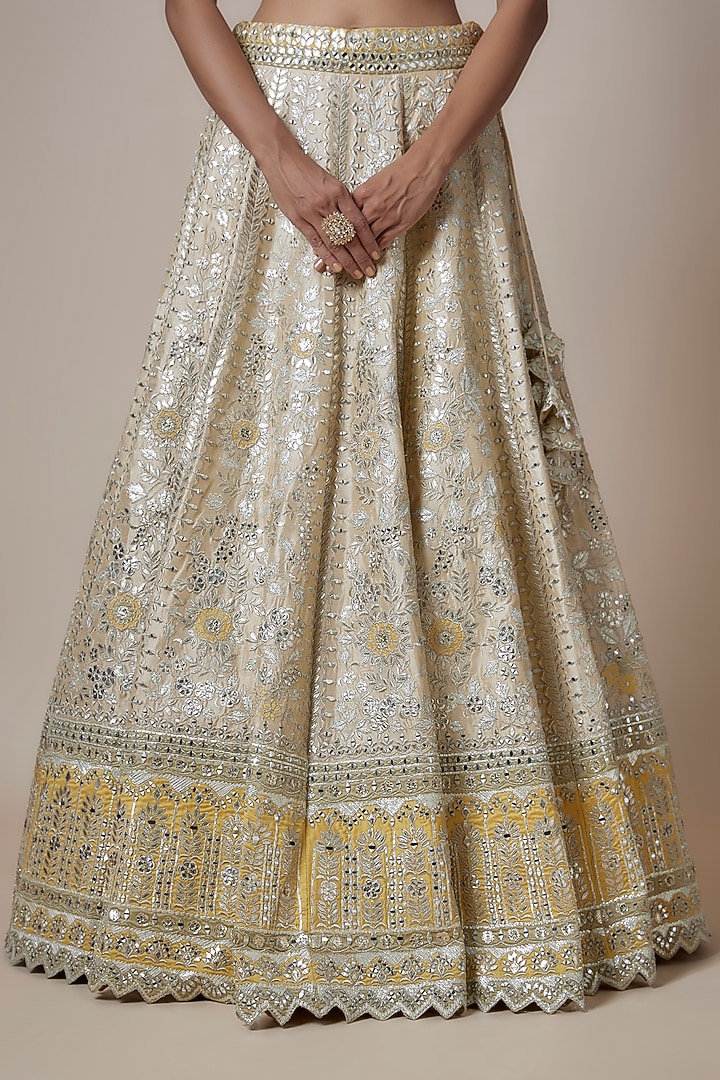 Light Yellow Slub Silk Zari & Mirror Embroidered Wedding Lehenga Set by Suhino at Pernia's Pop Up Shop
