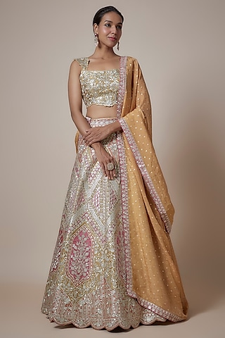 Rust Slub Silk Zari & Gota Embroidered Lehenga Set by Suhino