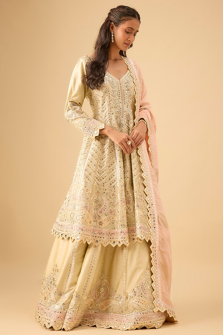 Dusty Green Slub Silk Mirror Embroidered Bridal Anarkali Set by Suhino at Pernia's Pop Up Shop