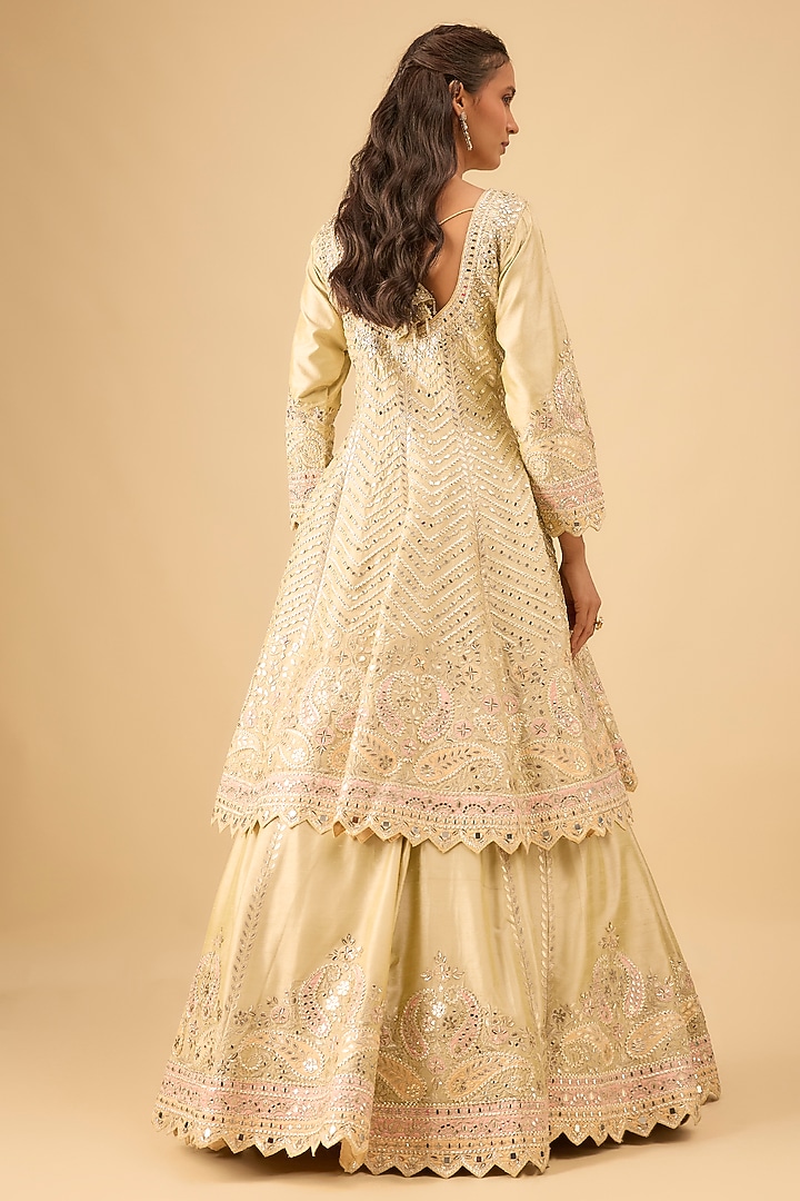 Dusty Green Slub Silk Mirror Embroidered Bridal Anarkali Set by Suhino at Pernia's Pop Up Shop