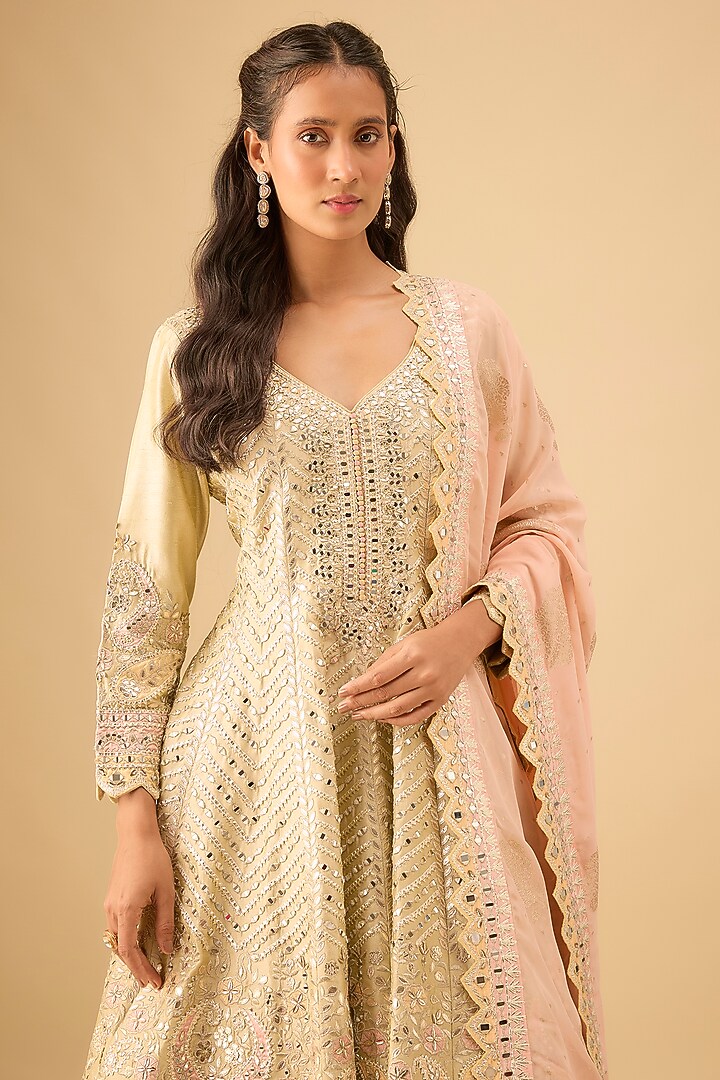 Dusty Green Slub Silk Mirror Embroidered Bridal Anarkali Set by Suhino at Pernia's Pop Up Shop