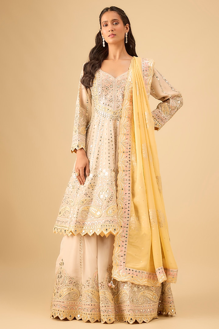 Ivory Tissue Mirror Embroidered Bridal Anarkali Set by Suhino at Pernia's Pop Up Shop