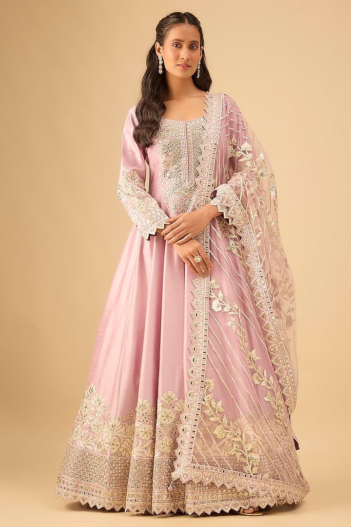 Purple Slub Silk Mirror Embroidered Wedding Anarkali Set by Suhino at Pernia's Pop Up Shop