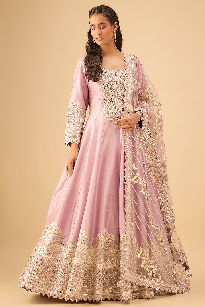 Purple Slub Silk Mirror Embroidered Wedding Anarkali Set by Suhino at Pernia's Pop Up Shop