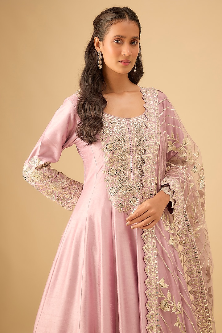 Purple Slub Silk Mirror Embroidered Wedding Anarkali Set by Suhino at Pernia's Pop Up Shop