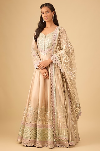 Champagne Slub Silk Mirror Embroidered Anarkali Set by Suhino