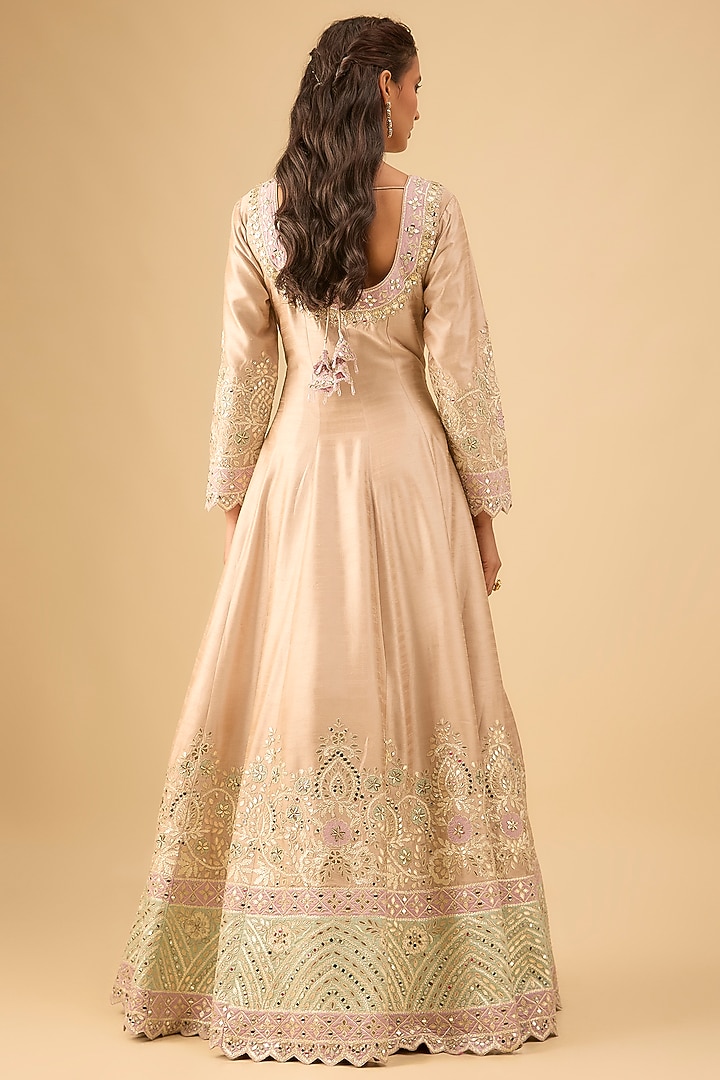 Champagne Slub Silk Mirror Embroidered Wedding Anarkali Set by Suhino at Pernia's Pop Up Shop
