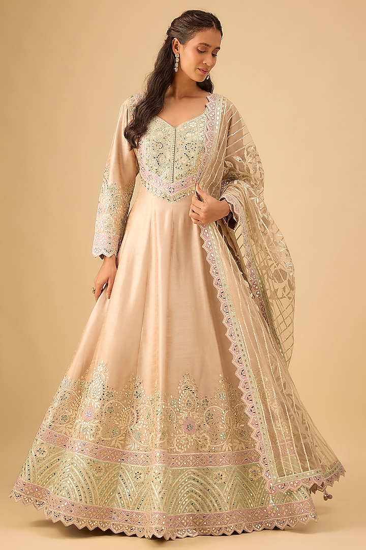 Champagne Slub Silk Mirror Embroidered Wedding Anarkali Set by Suhino at Pernia's Pop Up Shop