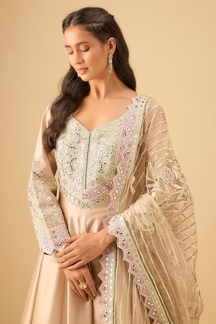 Champagne Slub Silk Mirror Embroidered Wedding Anarkali Set by Suhino at Pernia's Pop Up Shop