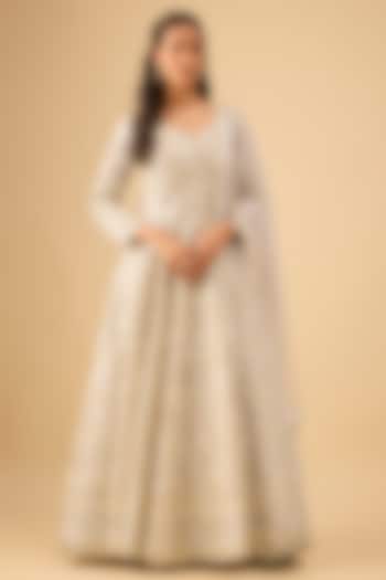 Ice Blue Tissue Mirror Embroidered Wedding Anarkali Set by Suhino at Pernia's Pop Up Shop