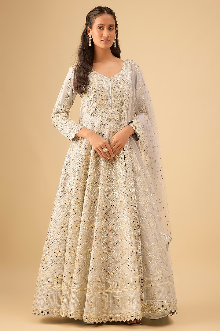 Ice Blue Tissue Mirror Embroidered Wedding Anarkali Set by Suhino at Pernia's Pop Up Shop