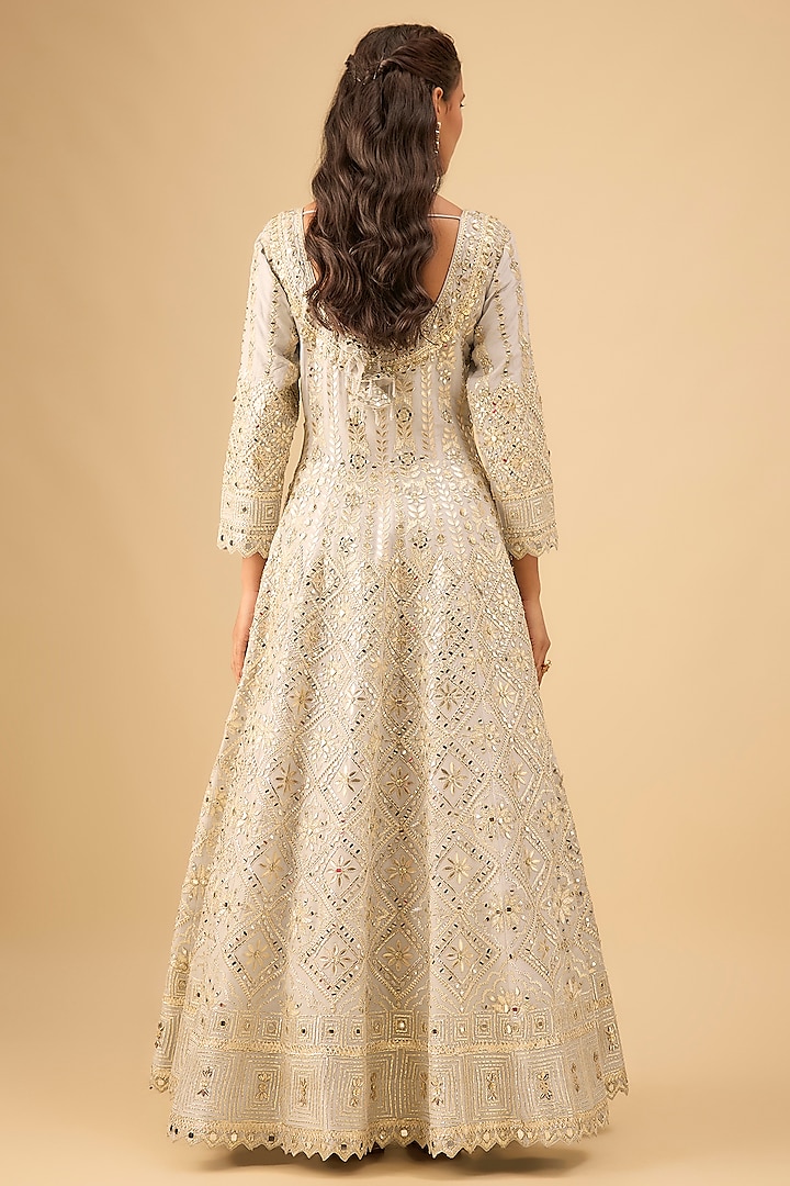 Ice Blue Tissue Mirror Embroidered Wedding Anarkali Set by Suhino at Pernia's Pop Up Shop