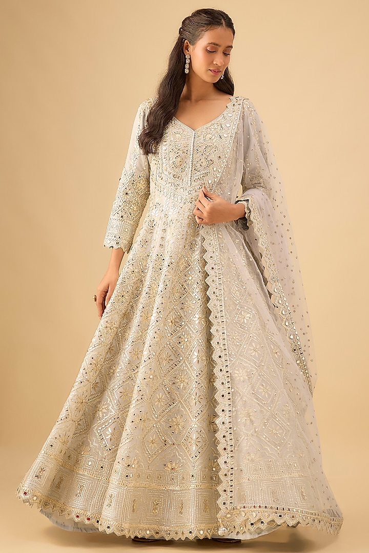 Ice Blue Tissue Mirror Embroidered Wedding Anarkali Set by Suhino at Pernia's Pop Up Shop