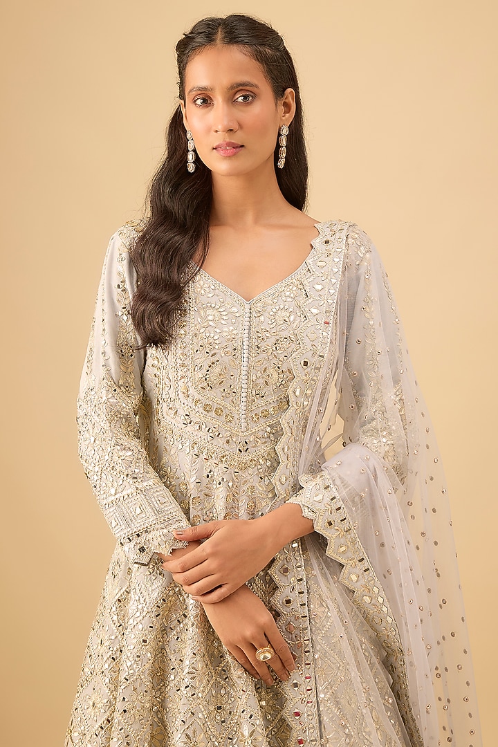 Ice Blue Tissue Mirror Embroidered Wedding Anarkali Set by Suhino at Pernia's Pop Up Shop